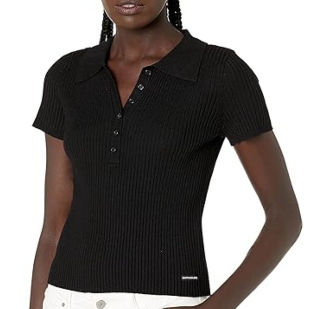 Calvin Klein polo style black button-up short sleeve jersey sweater size medium